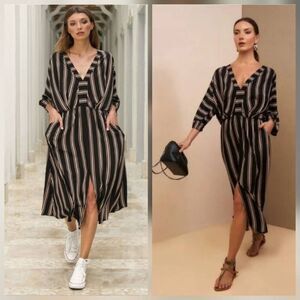 Uma and Leopold Anita Viscose Sriped Short Sleeve Midi Kaftan Dress Sz. XL